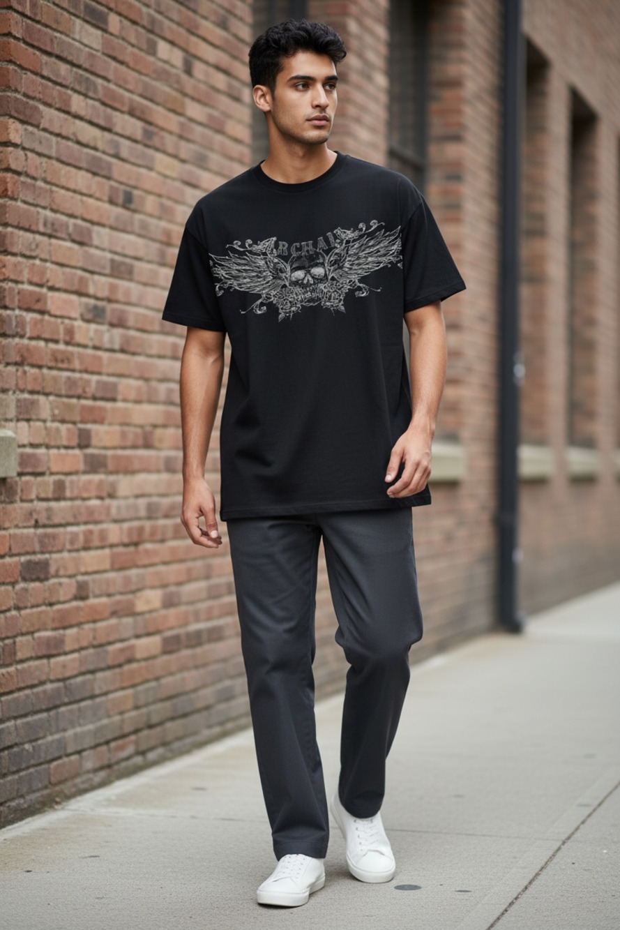 Archaic Mens Large Graphic Skull Wing Rose T-Shirt